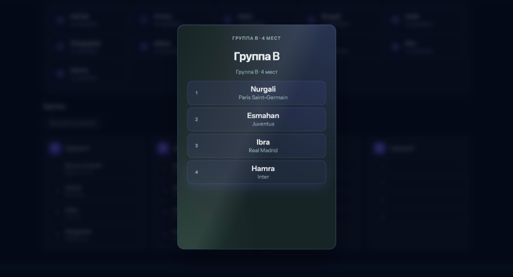 Модальное окно жеребьёвки турнира: группа B с участниками и клубами